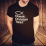 Man wearing black tshirt with Christian fish symbol