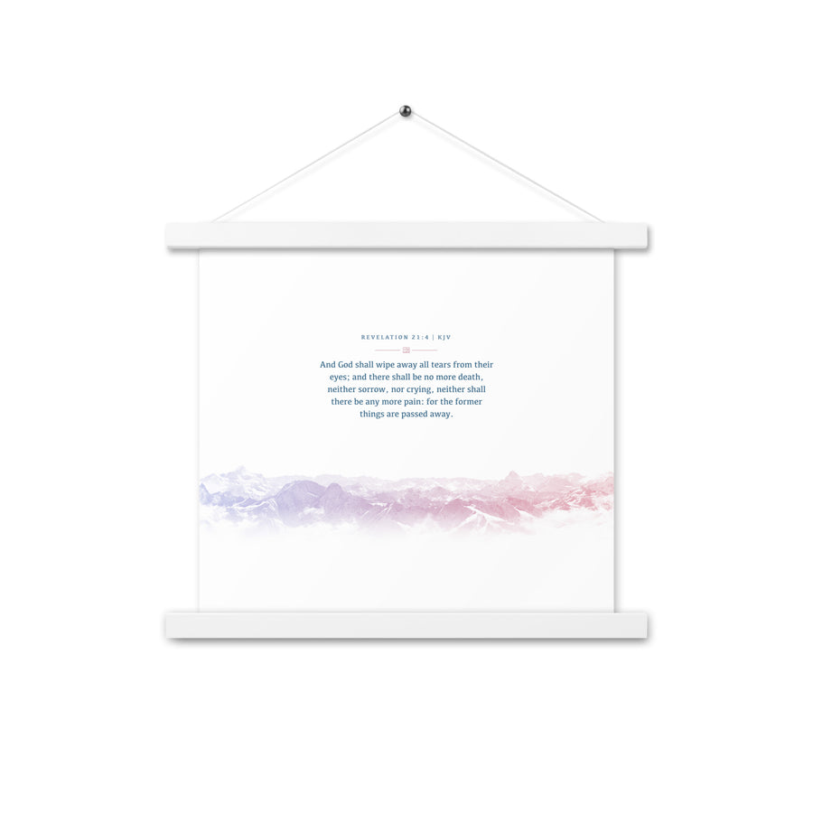 Revelation 21:4, Bible Verse Quote, Aesthetic Purple & Blue, Mountains Scene, Hanging Poster, Christian Gift