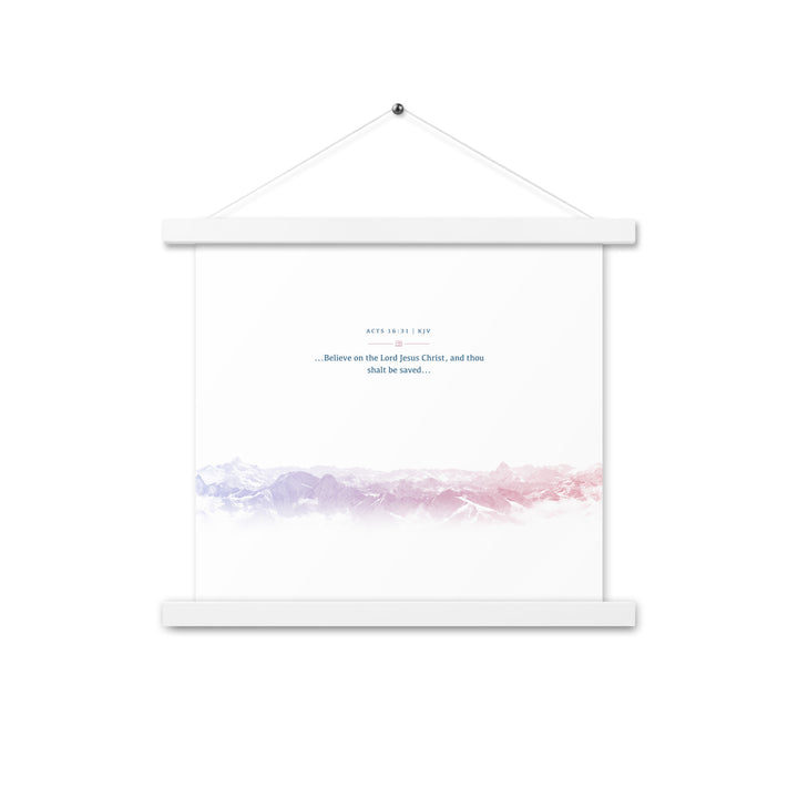 Acts 16:31, Bible Verse Quote, Aesthetic Purple & Blue, Mountains Scene, Hanging Poster, Christian Gift