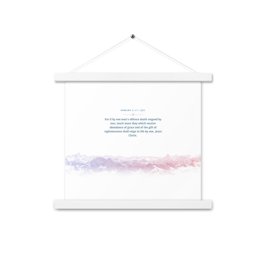 Romans 5:17, Bible Verse Quote, Aesthetic Purple & Blue, Mountains Scene, Hanging Poster, Christian Gift