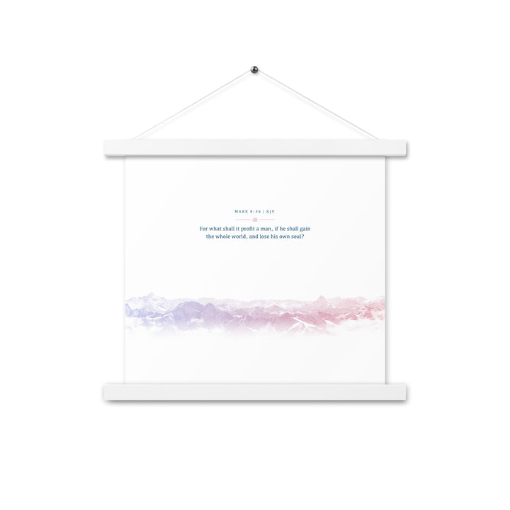 Mark 8:36, Bible Verse Quote, Aesthetic Purple & Blue, Mountains Scene, Hanging Poster, Christian Gift