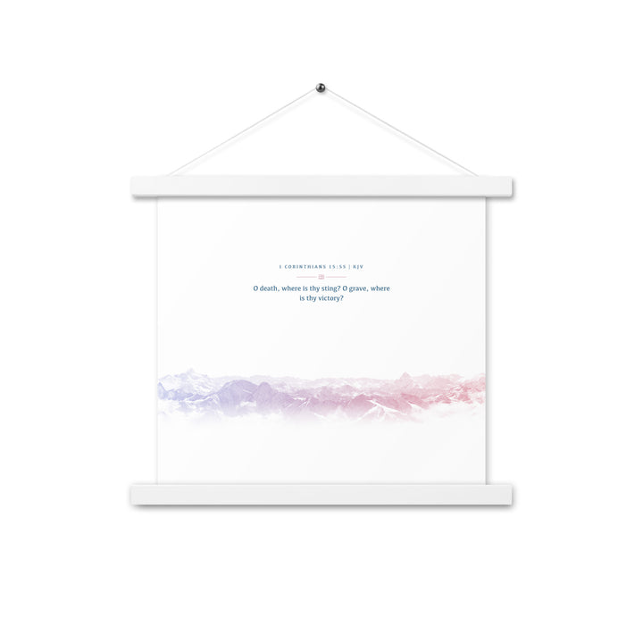1 Corinthians 15:55, Bible Verse Quote, Aesthetic Purple & Blue, Mountains Scene, Hanging Poster, Christian Gift