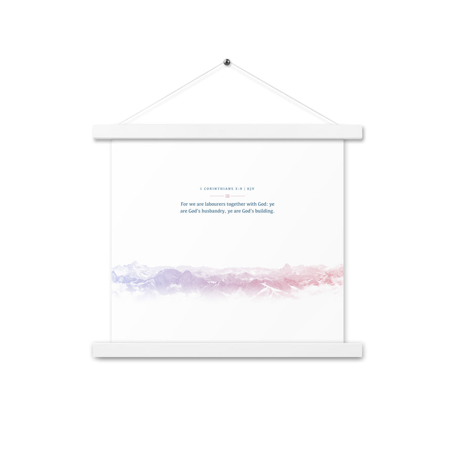 1 Corinthians 3:9, Bible Verse Quote, Aesthetic Purple & Blue, Mountains Scene, Hanging Poster, Christian Gift