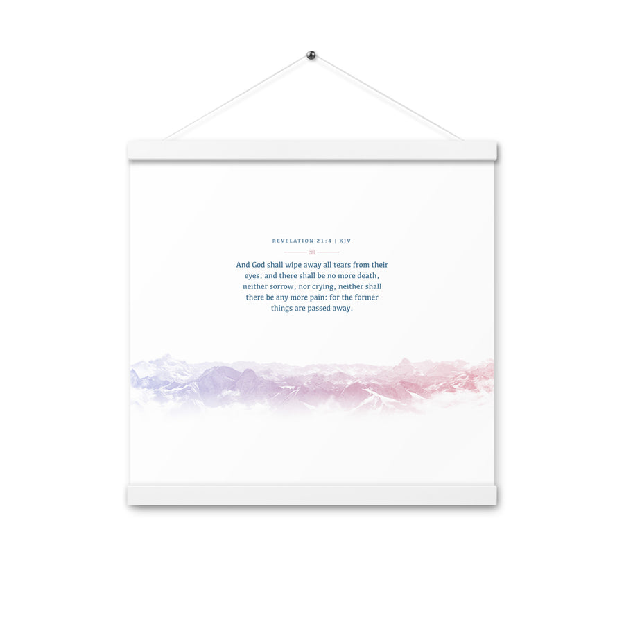 Revelation 21:4, Bible Verse Quote, Aesthetic Purple & Blue, Mountains Scene, Hanging Poster, Christian Gift