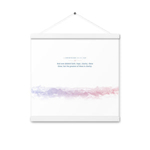 1 Corinthians 13:13, Bible Verse Quote, Aesthetic Purple & Blue, Mountains Scene, Hanging Poster, Christian Gift