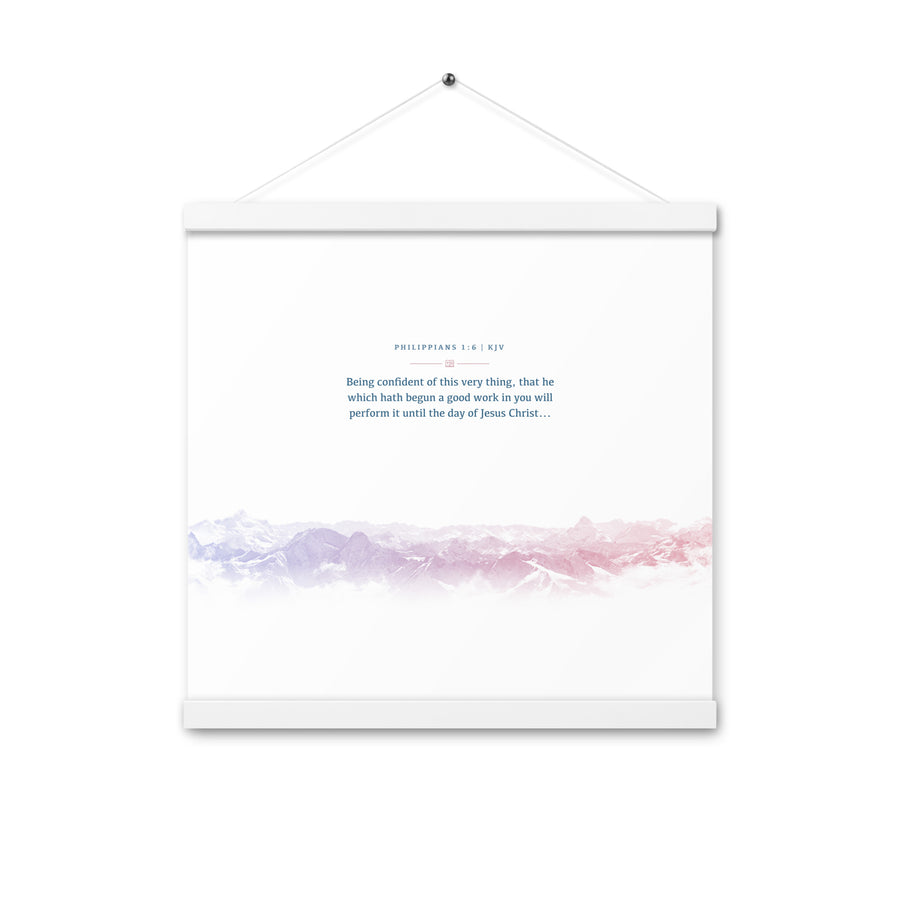Philippians 1:6, Bible Verse Quote, Aesthetic Purple & Blue, Mountains Scene, Hanging Poster, Christian Gift
