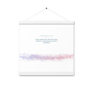 1 Corinthians 13:4, Bible Verse Quote, Aesthetic Purple & Blue, Mountains Scene, Hanging Poster, Christian Gift