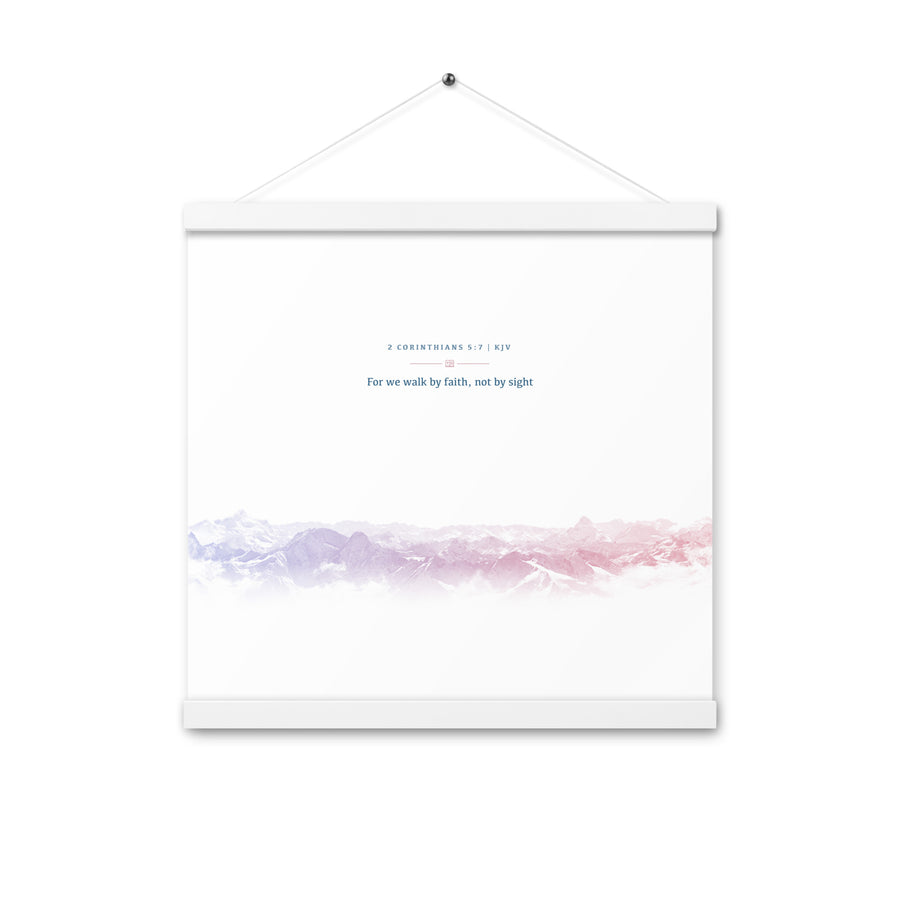 2 Corinthians 5:7, Bible Verse Quote, Aesthetic Purple & Blue, Mountains Scene, Hanging Poster, Christian Gift