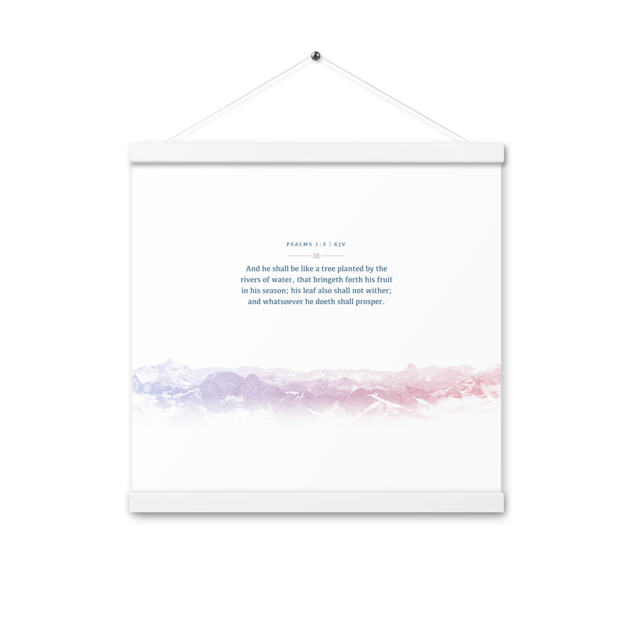 Psalms 1:3, Bible Verse Quote, Aesthetic Purple & Blue, Mountains Scene, Hanging Poster, Christian Gift