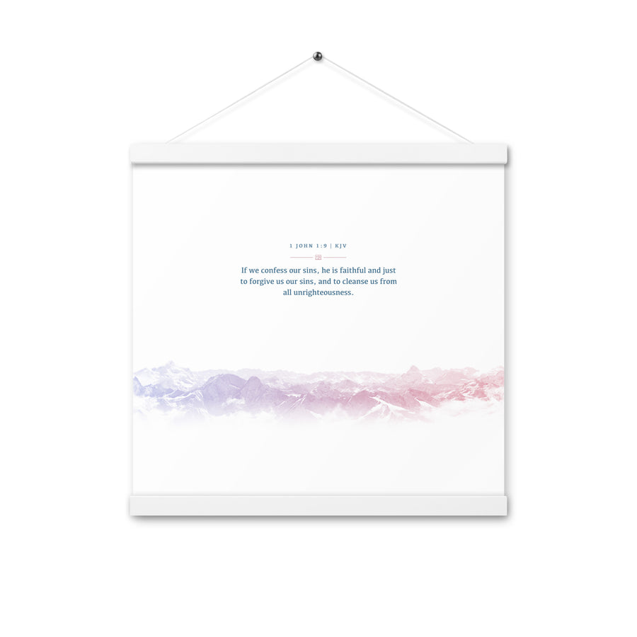 1 John 1:9, Bible Verse Quote, Aesthetic Purple & Blue, Mountains Scene, Hanging Poster, Christian Gift