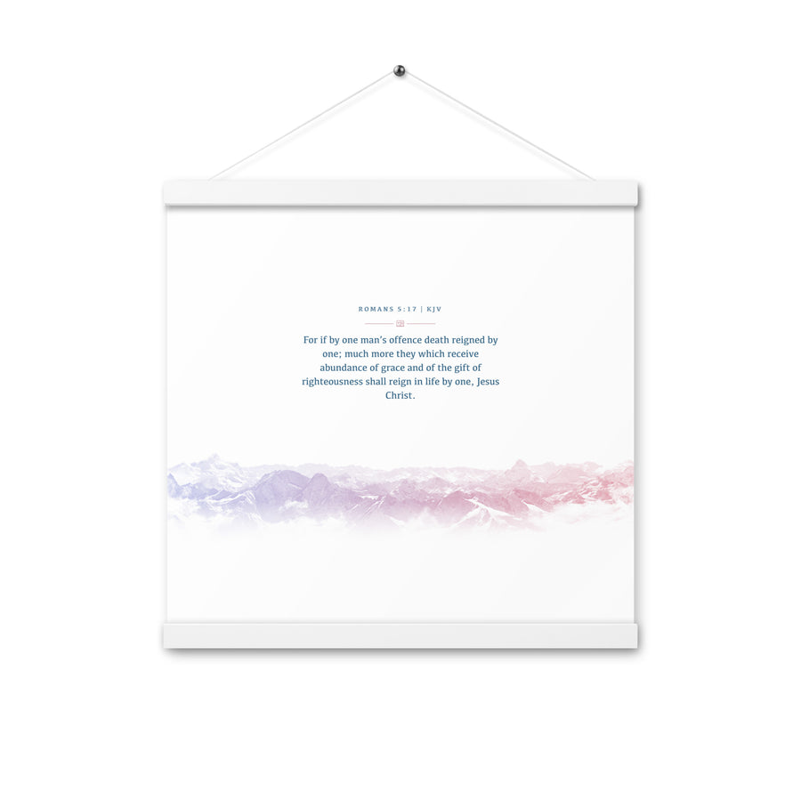 Romans 5:17, Bible Verse Quote, Aesthetic Purple & Blue, Mountains Scene, Hanging Poster, Christian Gift