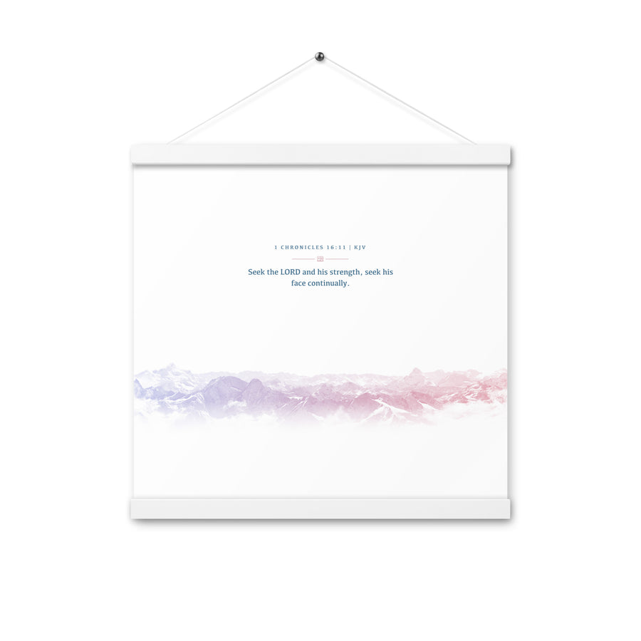 1 Chronicles 16:11, Bible Verse Quote, Aesthetic Purple & Blue, Mountains Scene, Hanging Poster, Christian Gift