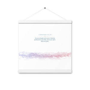 1 Corinthians 6:20, Bible Verse Quote, Aesthetic Purple & Blue, Mountains Scene, Hanging Poster, Christian Gift