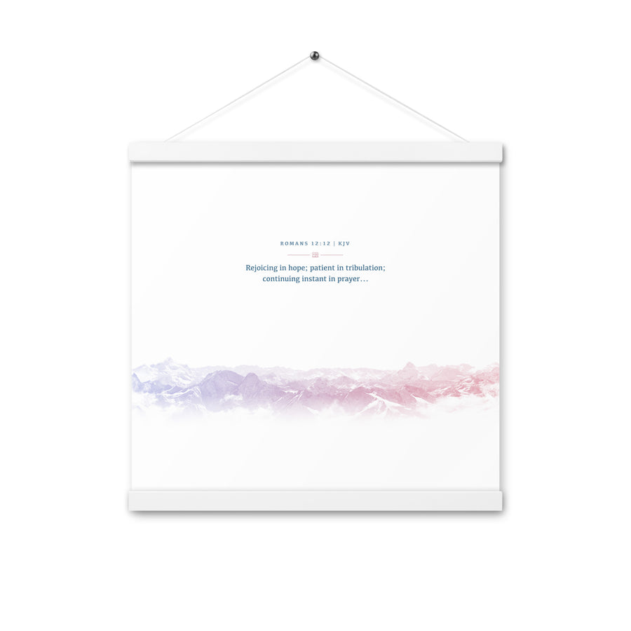 Romans 12:12, Bible Verse Quote, Aesthetic Purple & Blue, Mountains Scene, Hanging Poster, Christian Gift