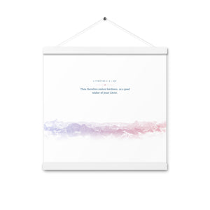 2 Timothy 2:3, Bible Verse Quote, Aesthetic Purple & Blue, Mountains Scene, Hanging Poster, Christian Gift
