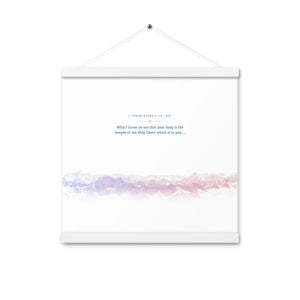 1 Corinthians 6:19, Bible Verse Quote, Aesthetic Purple & Blue, Mountains Scene, Hanging Poster, Christian Gift
