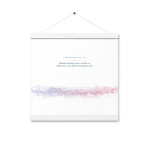 1 Corinthians 10:31, Bible Verse Quote, Aesthetic Purple & Blue, Mountains Scene, Hanging Poster, Christian Gift