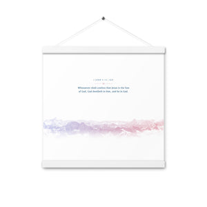 1 John 4:15, Bible Verse Quote, Aesthetic Purple & Blue, Mountains Scene, Hanging Poster, Christian Gift