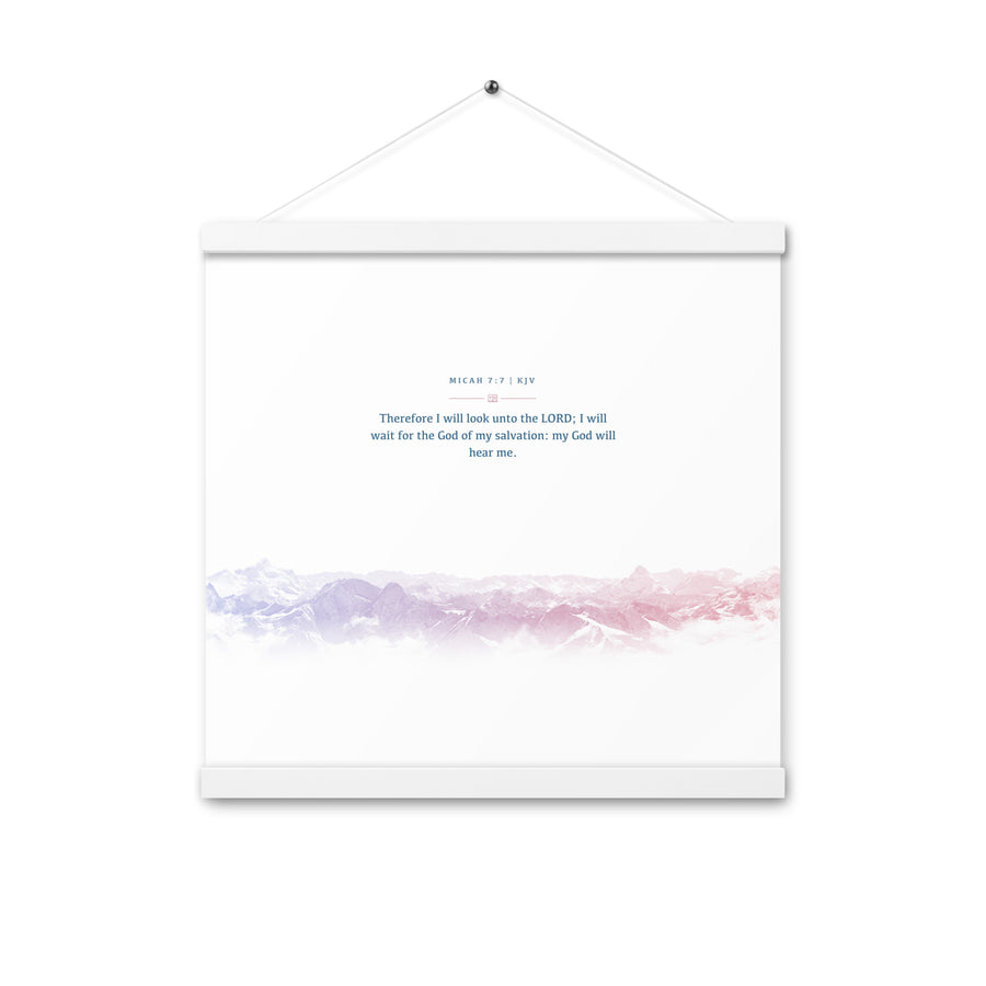 Micah 7:7, Bible Verse Quote, Aesthetic Purple & Blue, Mountains Scene, Hanging Poster, Christian Gift
