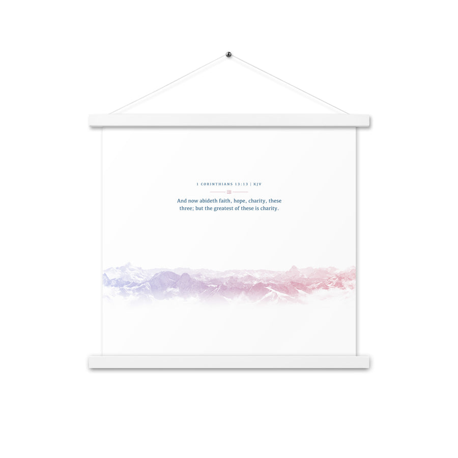 1 Corinthians 13:13, Bible Verse Quote, Aesthetic Purple & Blue, Mountains Scene, Hanging Poster, Christian Gift