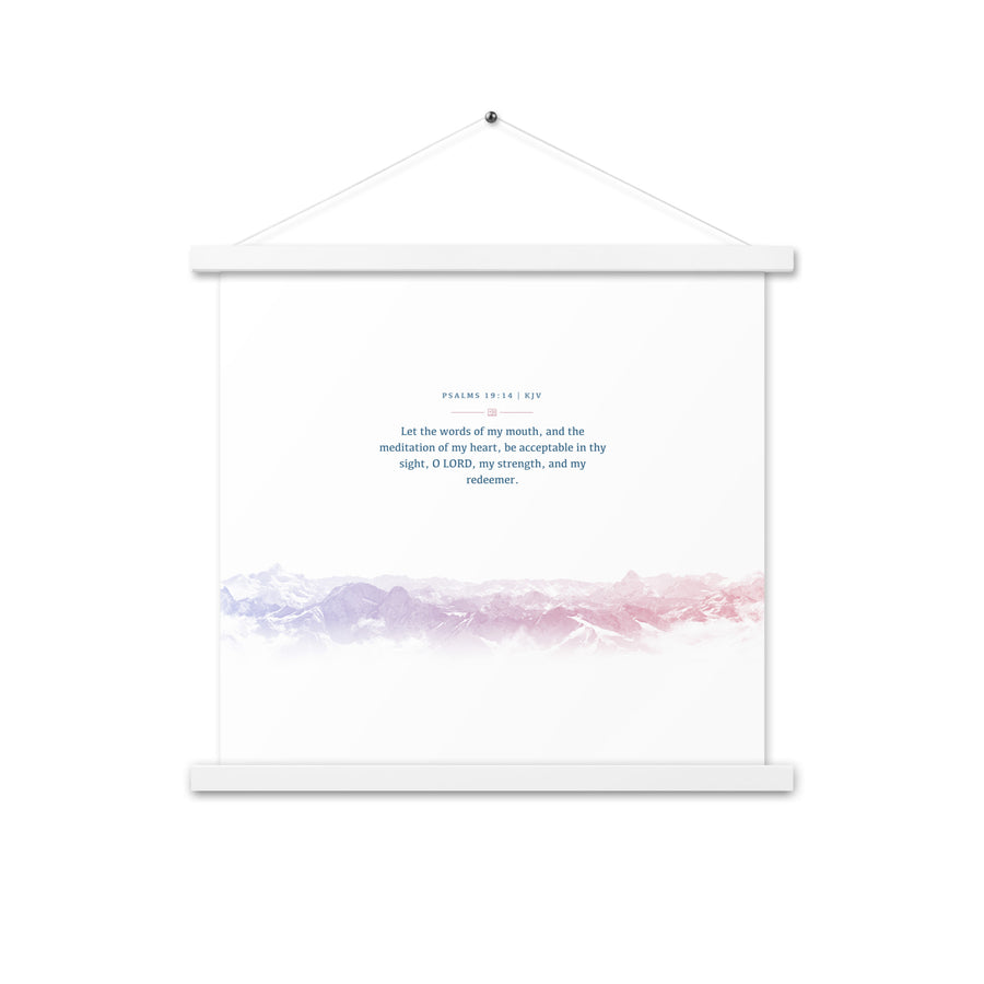 Psalms 19:14, Bible Verse Quote, Aesthetic Purple & Blue, Mountains Scene, Hanging Poster, Christian Gift