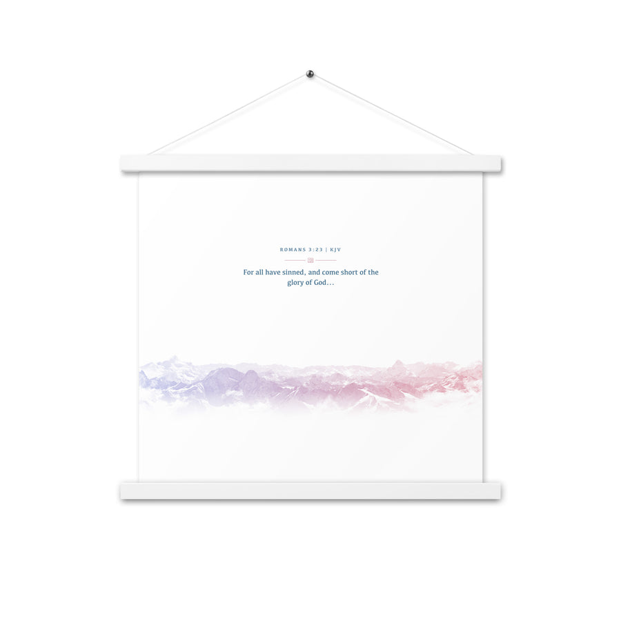 Romans 3:23, Bible Verse Quote, Aesthetic Purple & Blue, Mountains Scene, Hanging Poster, Christian Gift