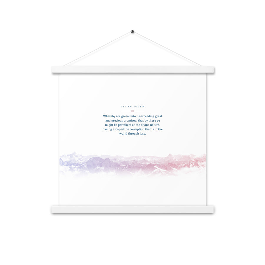 2 Peter 1:4, Bible Verse Quote, Aesthetic Purple & Blue, Mountains Scene, Hanging Poster, Christian Gift