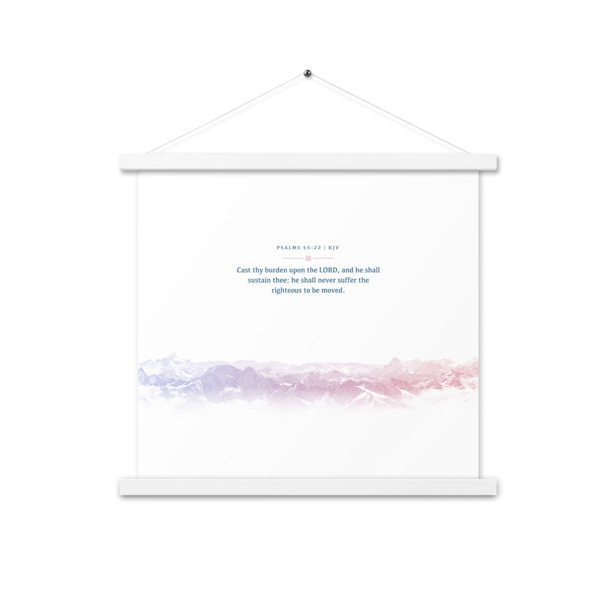Psalms 55:22, Bible Verse Quote, Aesthetic Purple & Blue, Mountains Scene, Hanging Poster, Christian Gift