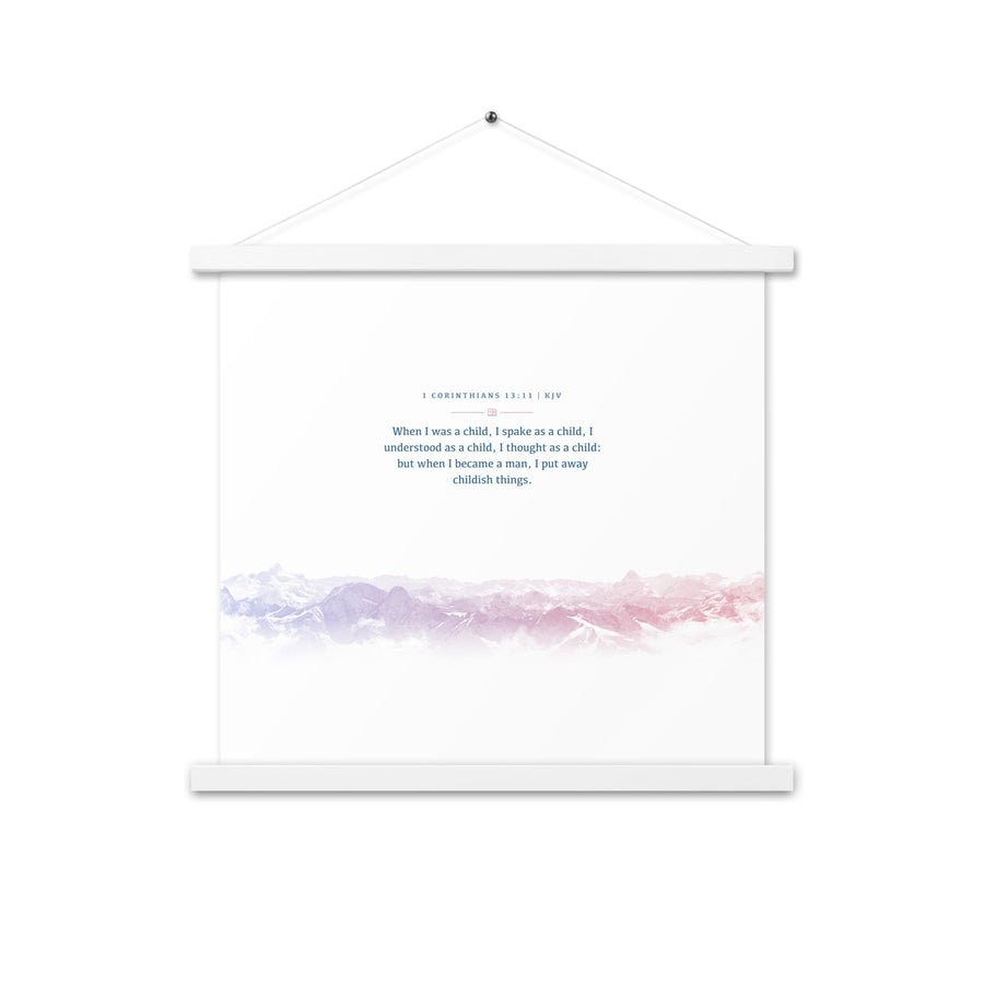 1 Corinthians 13:11, Bible Verse Quote, Aesthetic Purple & Blue, Mountains Scene, Hanging Poster, Christian Gift