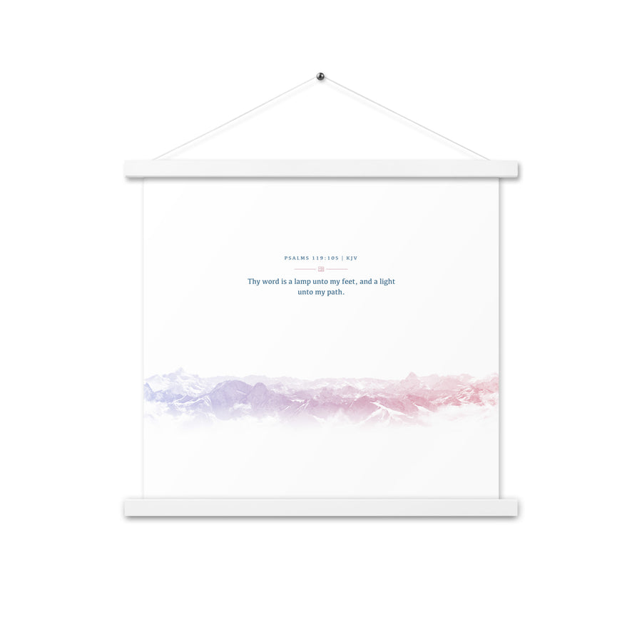 Psalms 119:105, Bible Verse Quote, Aesthetic Purple & Blue, Mountains Scene, Hanging Poster, Christian Gift
