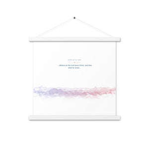 Acts 16:31, Bible Verse Quote, Aesthetic Purple & Blue, Mountains Scene, Hanging Poster, Christian Gift