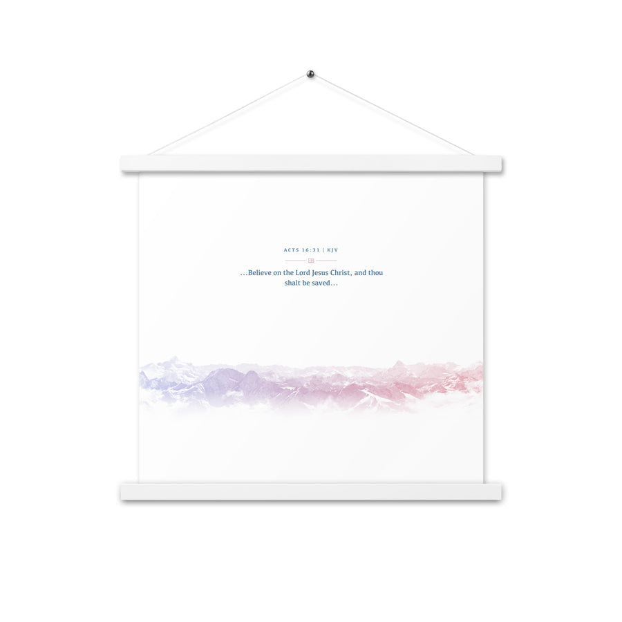 Acts 16:31, Bible Verse Quote, Aesthetic Purple & Blue, Mountains Scene, Hanging Poster, Christian Gift