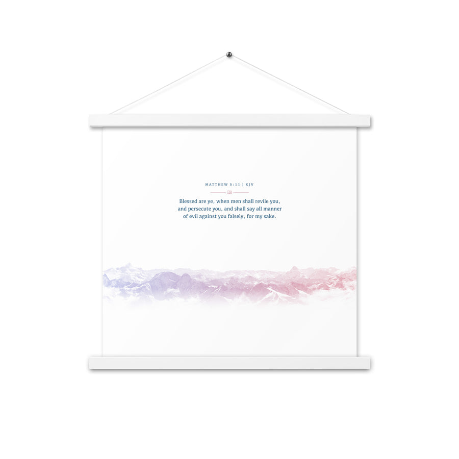 Matthew 5:11, Bible Verse Quote, Aesthetic Purple & Blue, Mountains Scene, Hanging Poster, Christian Gift