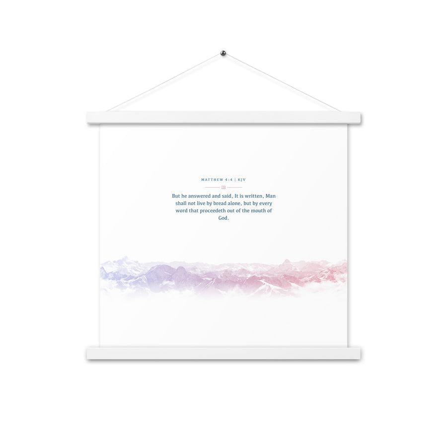 Matthew 4:4, Bible Verse Quote, Aesthetic Purple & Blue, Mountains Scene, Hanging Poster, Christian Gift