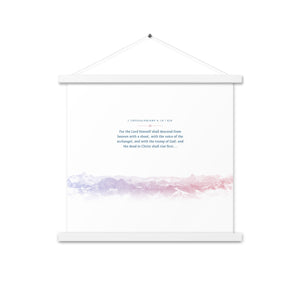 1 Thessalonians 4:16, Bible Verse Quote, Aesthetic Purple & Blue, Mountains Scene, Hanging Poster, Christian Gift