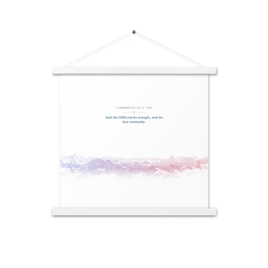 1 Chronicles 16:11, Bible Verse Quote, Aesthetic Purple & Blue, Mountains Scene, Hanging Poster, Christian Gift