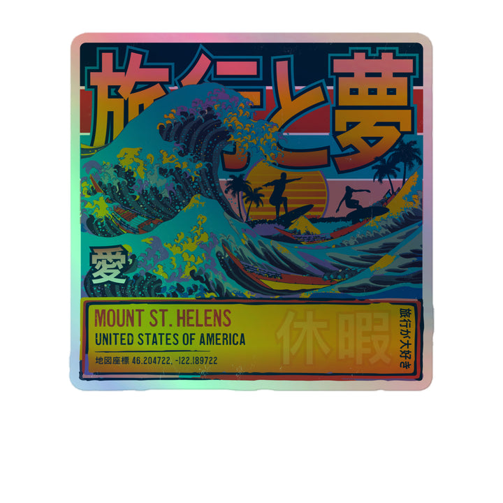 Mount St. Helens, Washington, United States, Japanese Wave 5.5" Inch Kiss-Cut Holographic Sticker