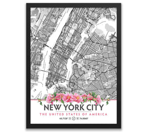New York City Map with Peony Flowers - Printable