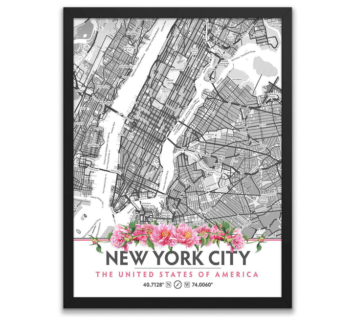 New York City Map with Peony Flowers - Printable