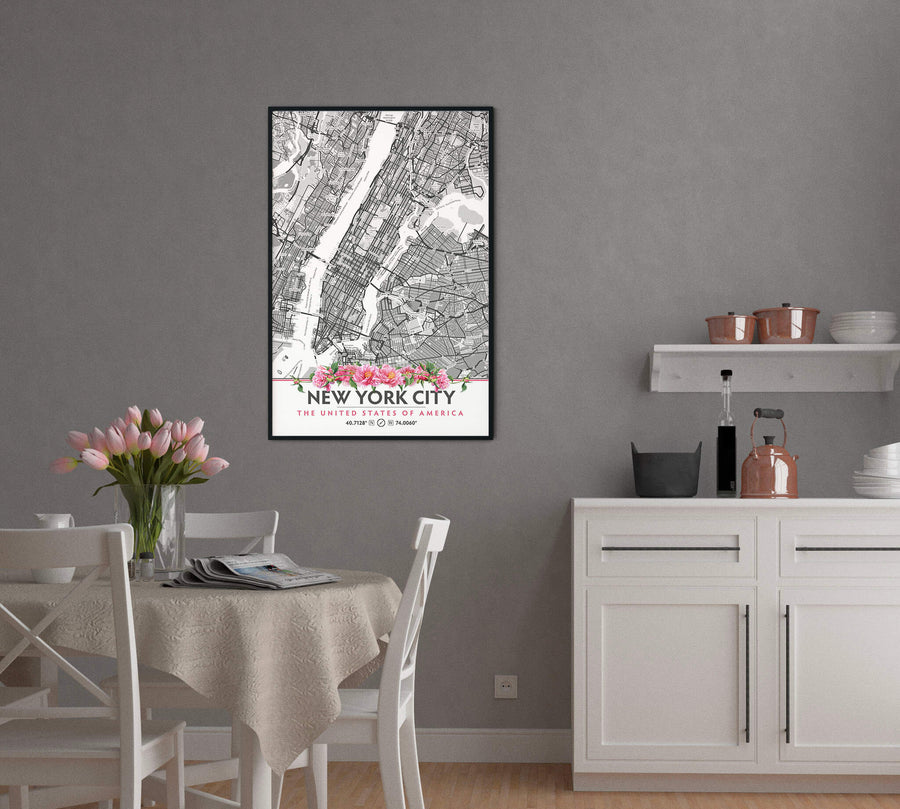 New York City Map with Peony Flowers - Printable