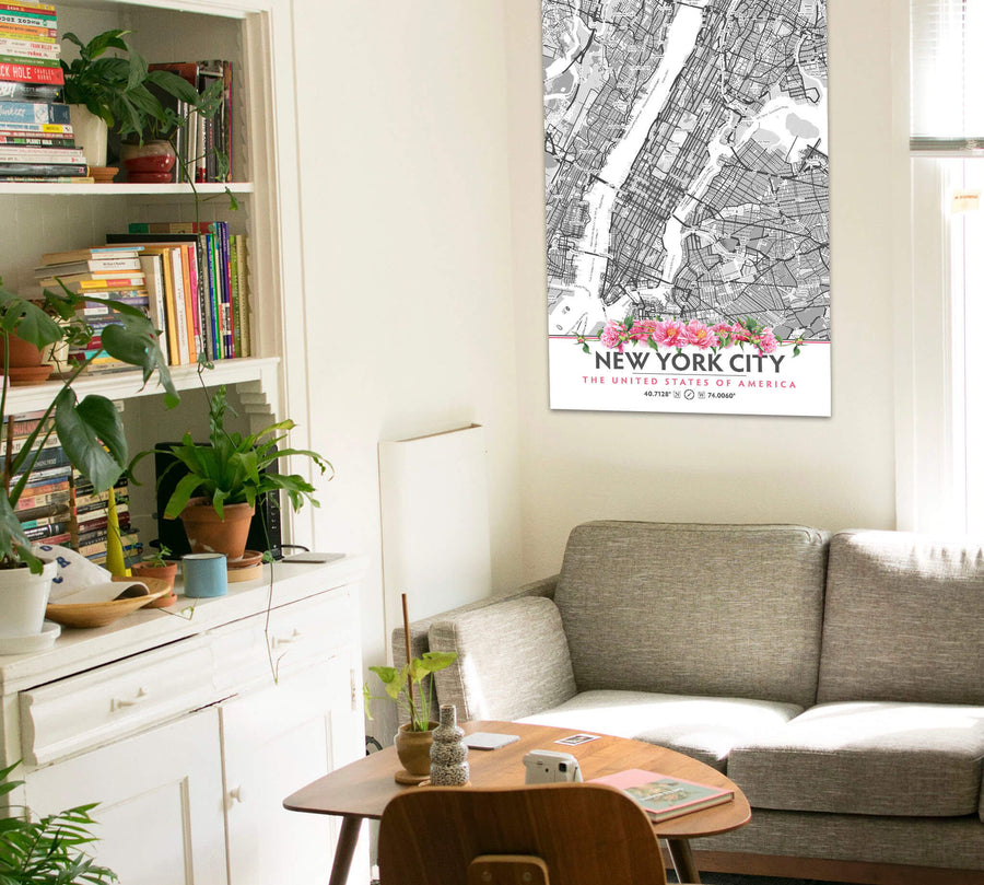 New York City Map with Peony Flowers - Printable