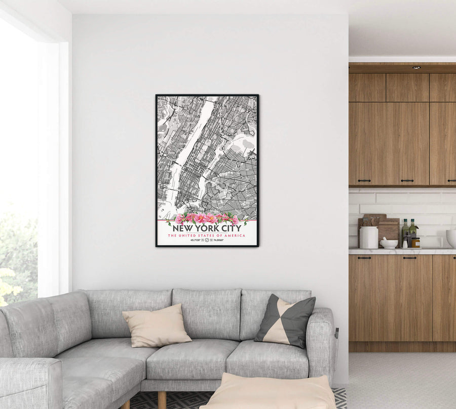 New York City Map with Peony Flowers - Printable