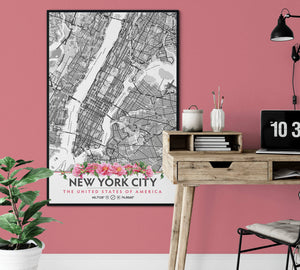New York City Map with Peony Flowers - Printable