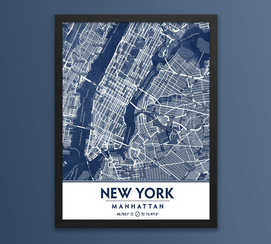 Classic Blue Textured Manhattan NYC Map