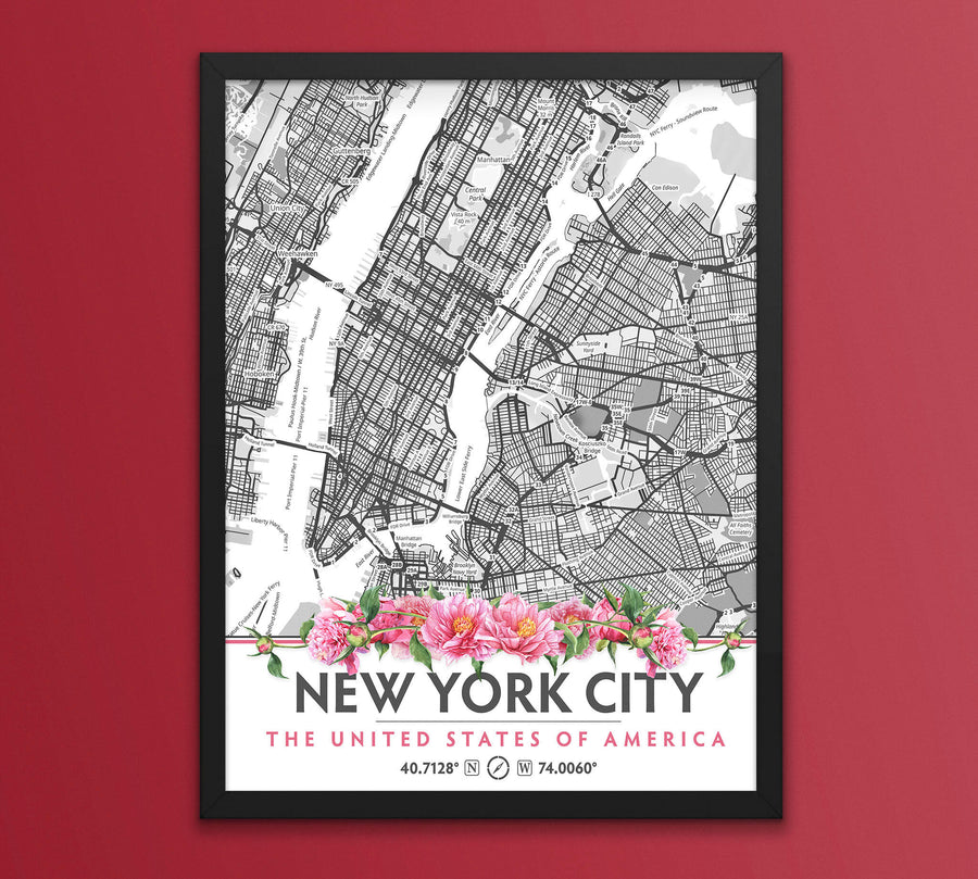 New York City Map with Peony Flowers - Printable