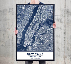 Classic Blue Textured Manhattan NYC Map