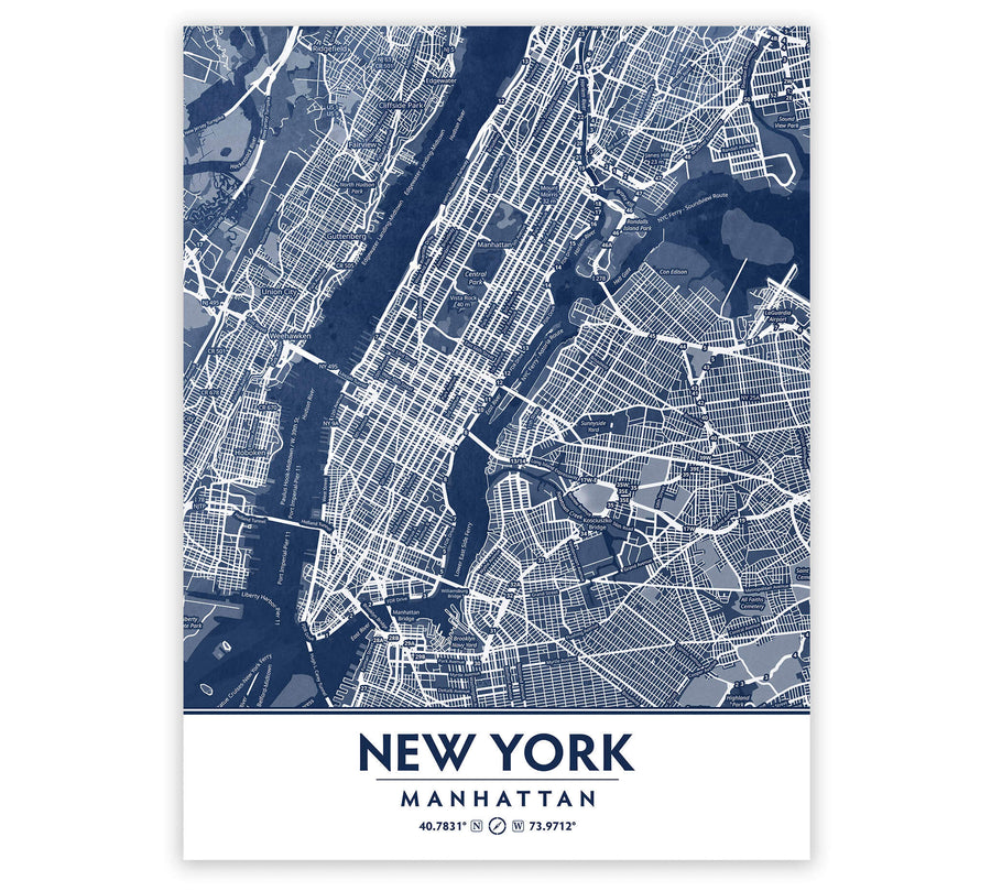 Classic Blue Textured Manhattan NYC Map