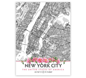 New York City Map with Peony Flowers - Printable
