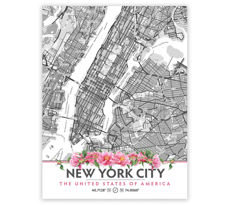 New York City Map with Peony Flowers - Printable