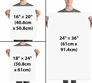 Image showing three image sizes for poster and framed artwork.